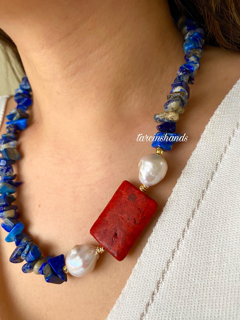 Lapis Lazuli, Baroque Pearl & Red Coral Goldplated Necklace Etsy