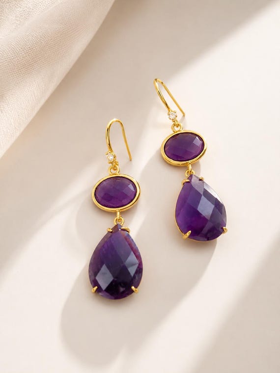 Amethyst Earrings Gold Filled,Drop Purple Gemstone Earrings,Gift For Women