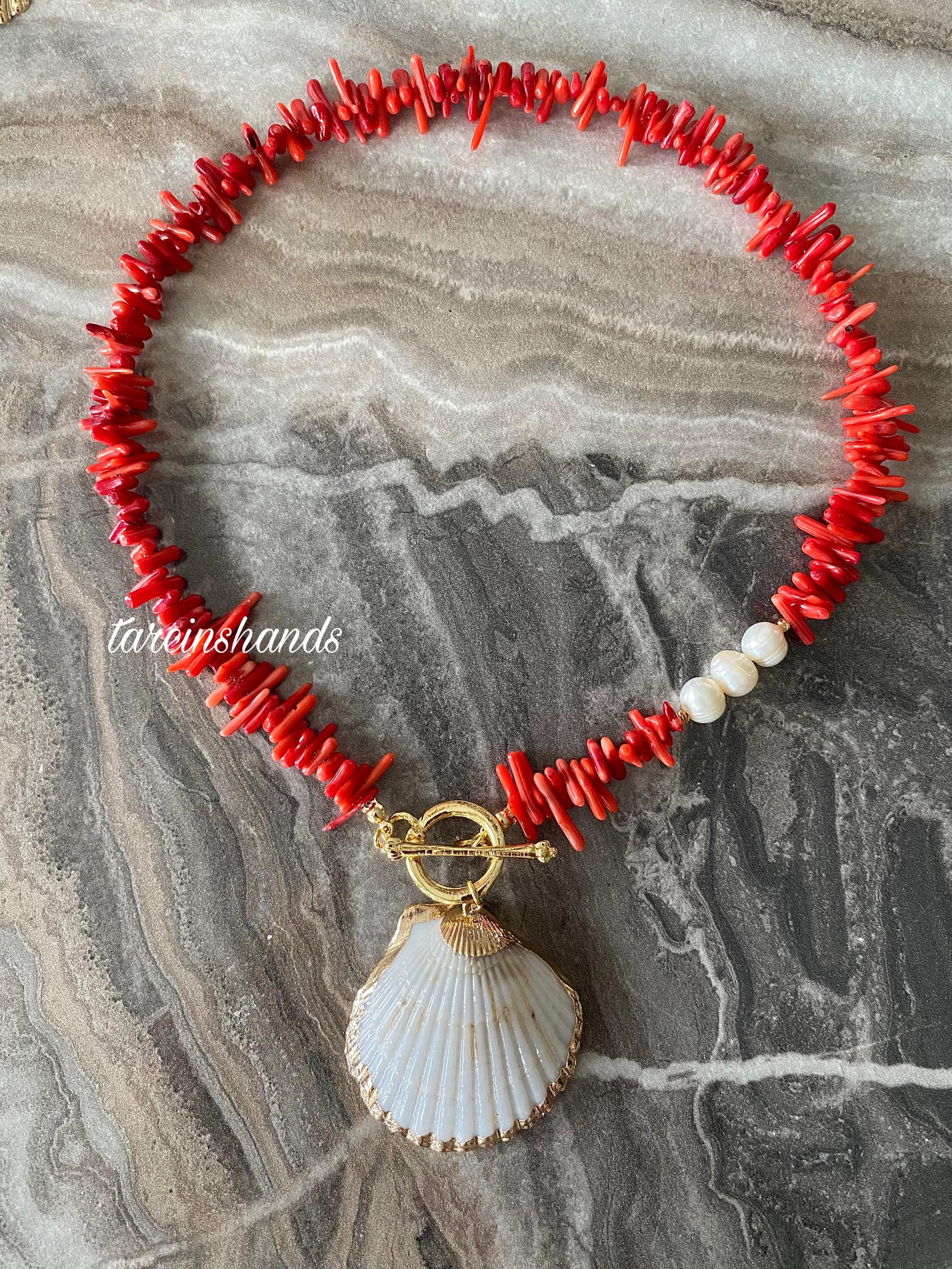 Collana Di Perle In Conchiglia Corallo Rosso Naturale – 8/10/12 Mm, Lunghezza 18 Pollici – Fatto A Mano