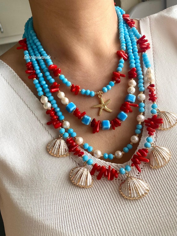 Red Coral Multistrand Necklace: Freshwater Pearl & Seashell Boho Jewelry