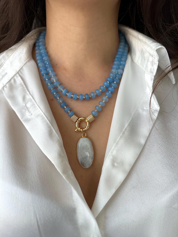 Blue Agate Moonstone Multistrand Necklace: Gold Plated Boho Jewelry Gift For