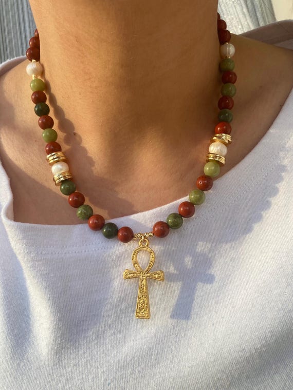 Ankh Pendant Necklace, Red Jasper and Jade Beaded Choker, Gold Plated Talisman Jewelry, Protection Stone Gift, Egyptian Symbol