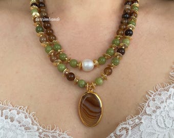 Jade & Moss Agate Multistrand Necklace: Boho Layered Jewelry