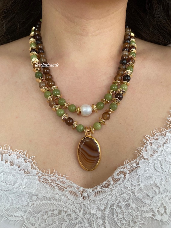 Jade & Moss Agate Multistrand Necklace: Boho Layered Jewelry