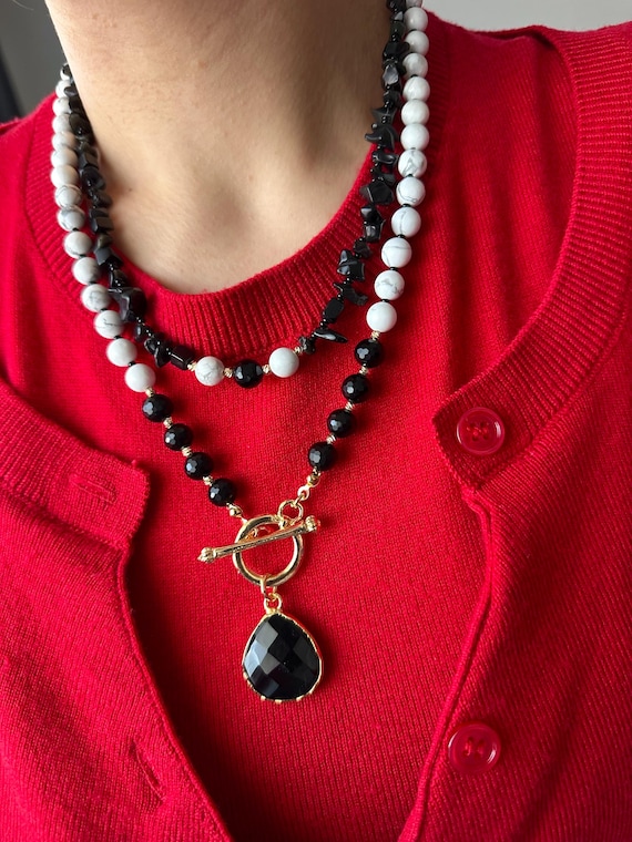 Obsidian Onyx Howlite Multistrand Necklace, Boho Gemstone