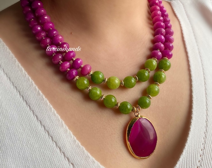 Pink Agate and Jade Necklace,Multistrand Gemstone Statement Necklace,Chunky Colorful Summer Jewelry,Gift For Women,Beaded Agate Necklace