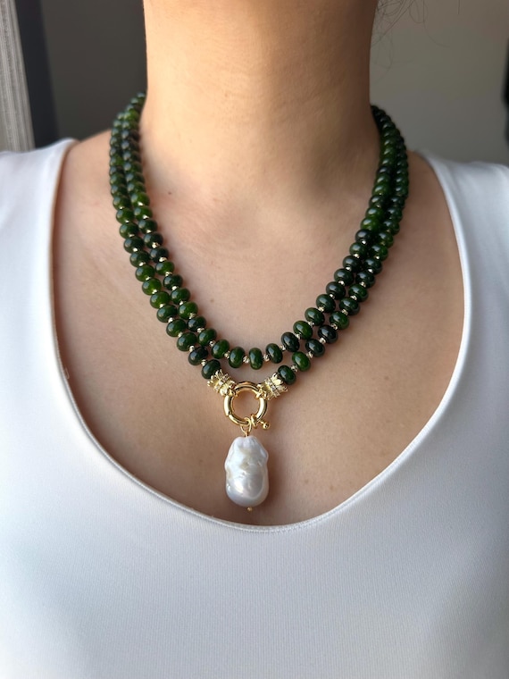 Green Agate Statement Necklace, Gold Plated Multistrand Jewelry, Real Baroque Pearl Pendant, Chunky Boho Choker, Natural Stone Gift