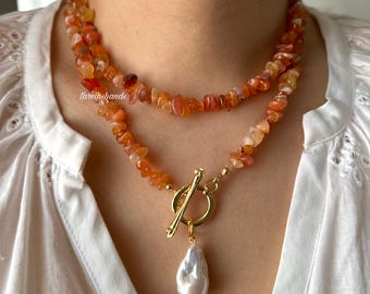 Orange Agate Bead Gold Toggle Necklace with Real Big Baroque Pearl Pendant,Chunky Multistrand Long Orange Semi Precious Stone Necklace