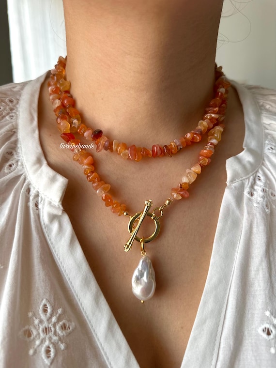 Orange Agate Long Necklace, Gold Toggle Clasp, 33 Inch Wrap Beads, Convertible Double Layer, Vibrant Gemstone Jewelry, Versatile Gift