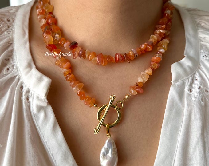 Orange Agate Bead Gold Toggle Necklace with Real Big Baroque Pearl Pendant,Chunky Multistrand Long Orange Semi Precious Stone Necklace