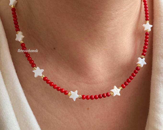 Natural Red Coral Star Mother of Pearl Bead Gold Filled Minimalist Necklace,Tiny Coral Bead Necklace,Summer Gemstone Necklace For Women