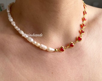 heart necklace , crystal heart chain freshwater pearl necklace , half half necklace , prom necklace , statement necklace
