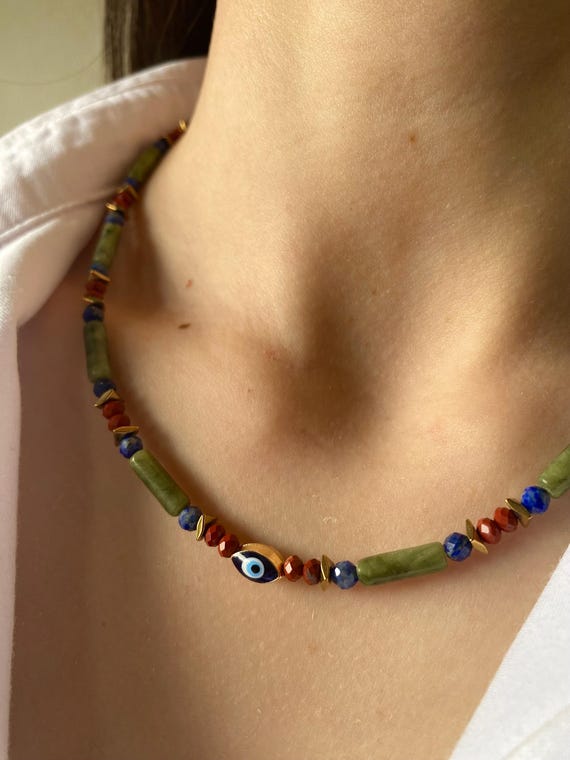 Lapis Lazuli Jade Evil Eye Necklace, Gold Plated Charm, Boho Protection