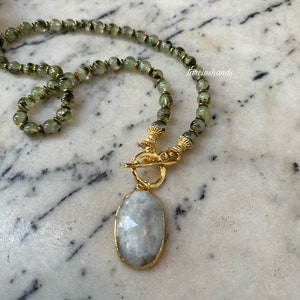 Prehnite Moonstone Necklace Unique Gemstone Pendant with Toggle Clasp Prehnite Necklace prehnite pendant Anniversary Gifted image 1