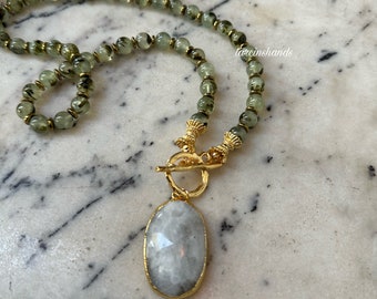 Prehnite Moonstone Necklace - Unique Gemstone Pendant with Toggle Clasp- Prehnite Necklace prehnite pendant