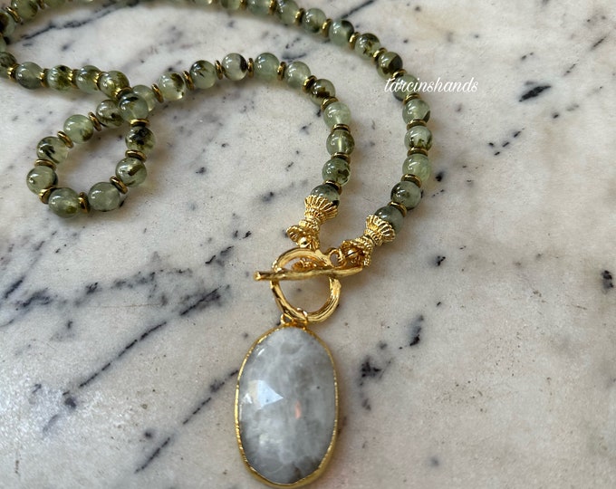 Prehnite Moonstone Necklace - Unique Gemstone Pendant with Toggle Clasp- Prehnite Necklace prehnite pendant Anniversary Gifted
