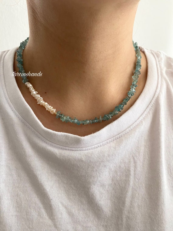 Apatite & Freshwater Pearl Necklace: Gold-Plated Minimalist Design