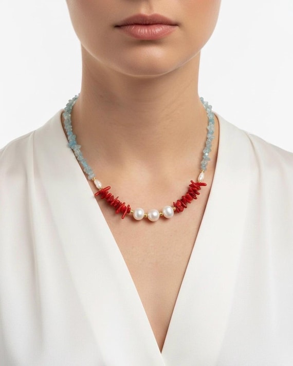 Aquamarine Red Coral Pearl Necklace, Gold Plated Bohemian Jewelry