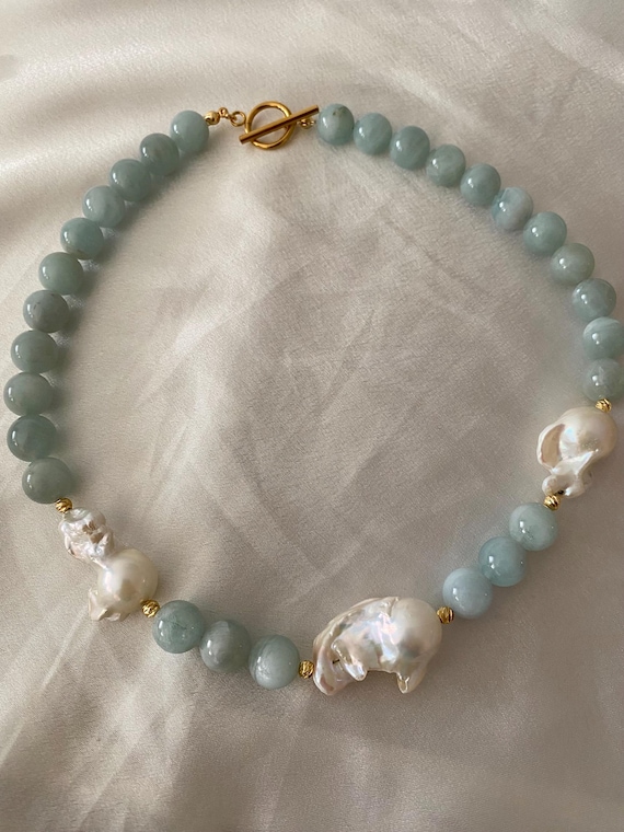 Chunky Baroque Pearl Aquamarine Necklace: Bohemian Gold-Plated Toggle Gift For