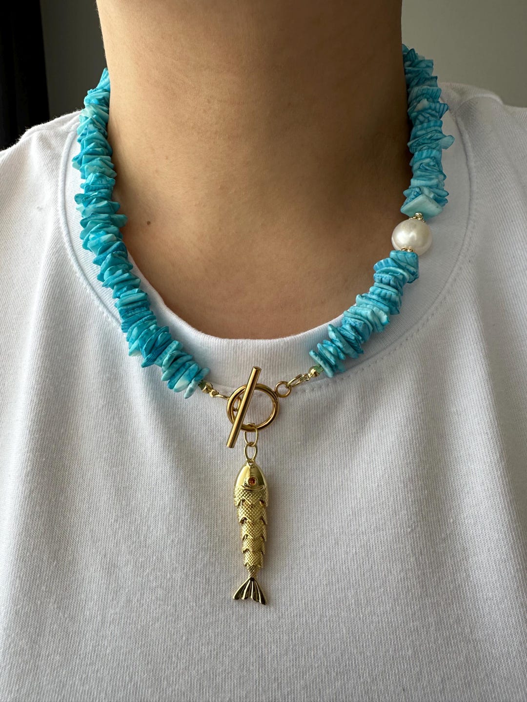 Shell Toggle Shell Chip Toggle Necklace: 3D Fish Pendant, Freshwater Pearl - Boho ...