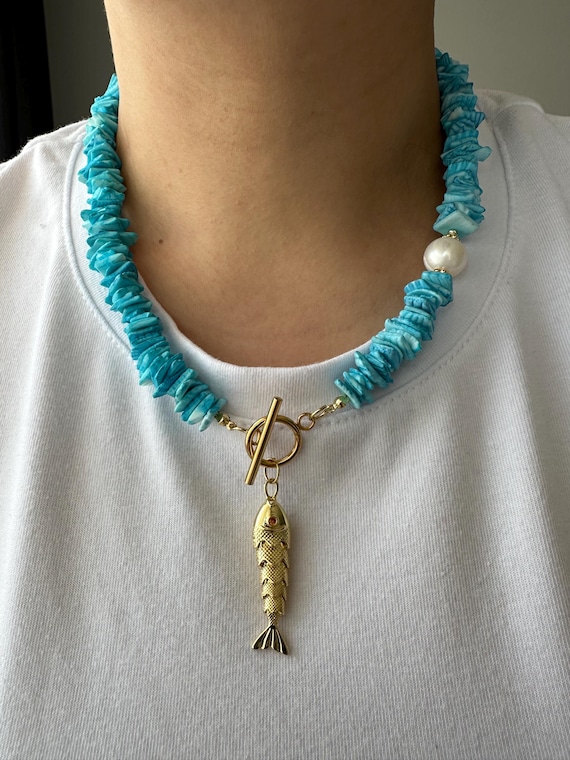 Shell Chip Toggle Necklace: 3D Fish Pendant, Freshwater Pearl - Boho Beach Jewelry