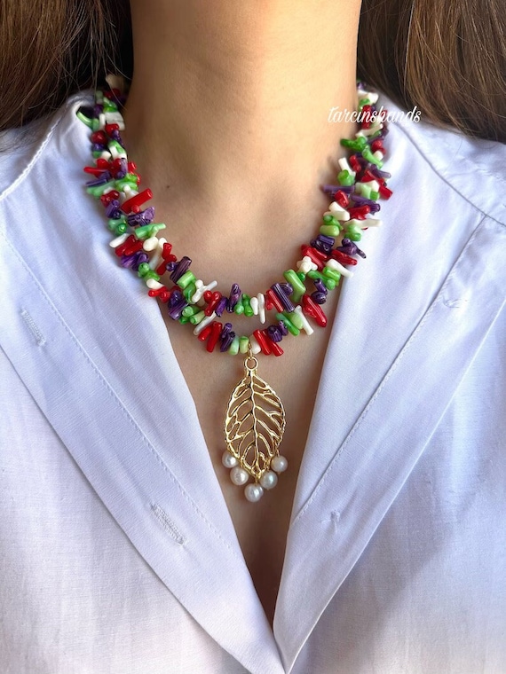 Multistrand Coral Beaded Necklace: Chunky Summer Jewelry