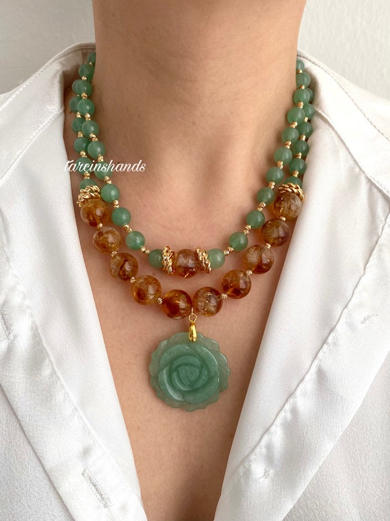 Gold-Plated Aventurine Citrine Necklace: Rose Pendant, Multistrand Layered Necklace