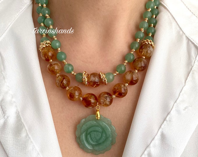 Multistrand Aventurine and Citrine Gold Necklace , Layered Multistone Necklace , Statement Natural Citrine Necklace , Gift For Women