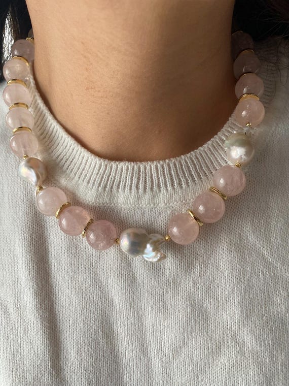 Large Rose Quartz Baroque Pearl Necklace, Gold Plated Bohemian Statement Jewelry