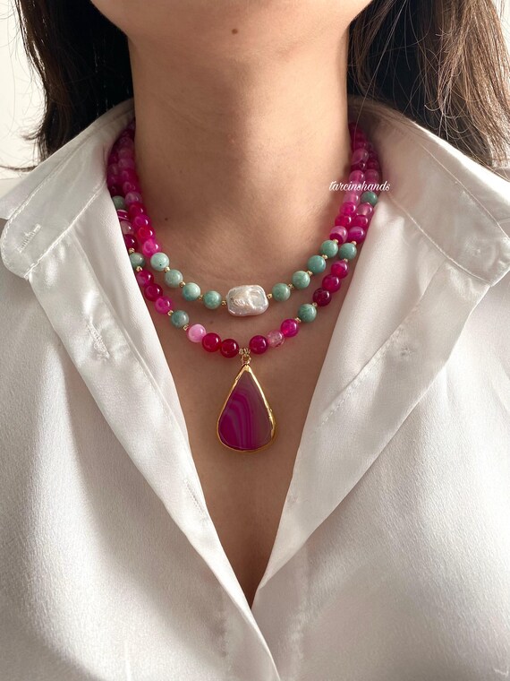 Pink Moss Agate Amazonite Necklace: Boho Gemstone Layered Jewelry