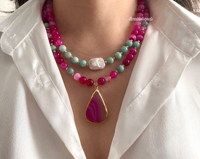 Pink Moss Agate and Amazonite Necklace,Beaded Gemstone Layered Necklace,Summer Chunky Boho Semi Precious Stone Necklace For Women