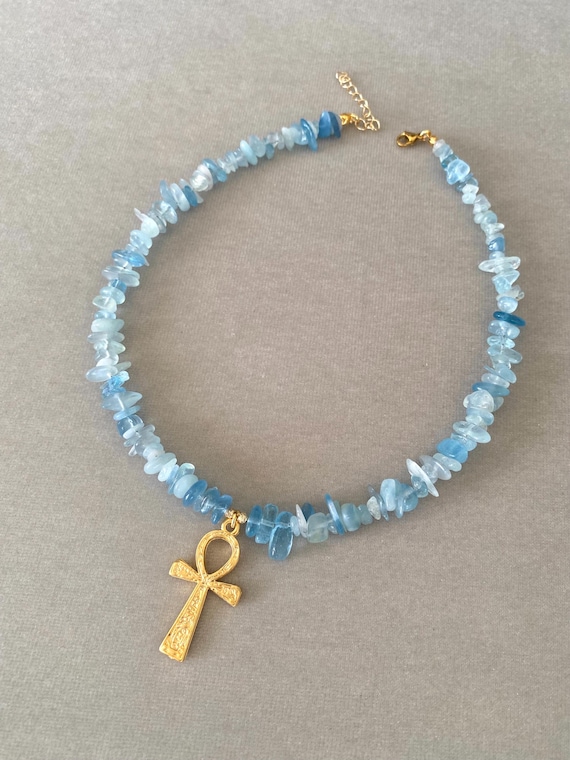 Raw Aquamarine Chip Necklace, Gold Ankh Pendant, Boho Luxe
