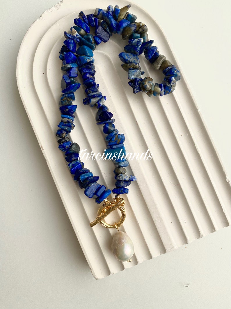 Lapis Lazuli and Baroque Pearl Necklace pendant necklace ,chunky gemstone necklace , navy blue gemstone necklace Anniversary Gifted image 3