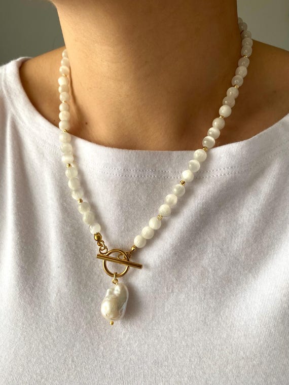 Gold Plated Selenite Beaded Necklace with Baroque Pearl