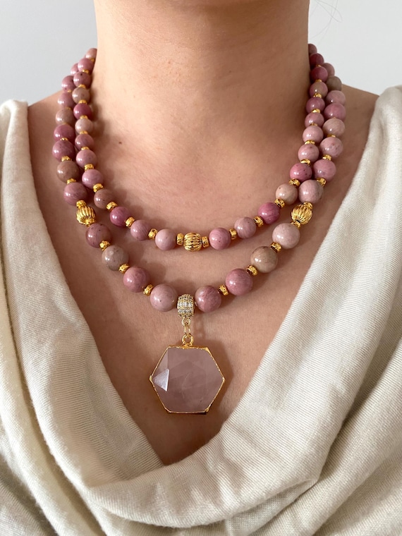 Rhodonite & Rose Quartz Multistrand Necklace: Gold-Plated Boho Gemstone
