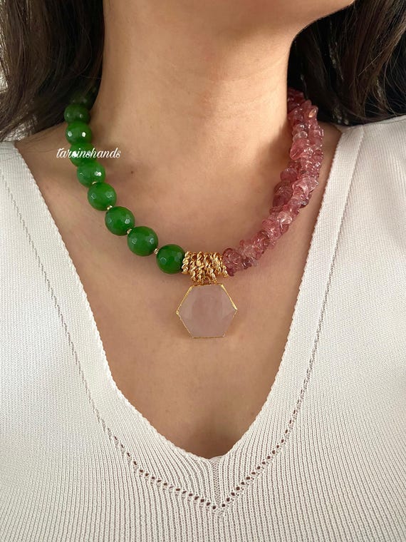 Handmade Rose Quartz & Green Agate Necklace: Boho Gemstone Statement Jewelry
