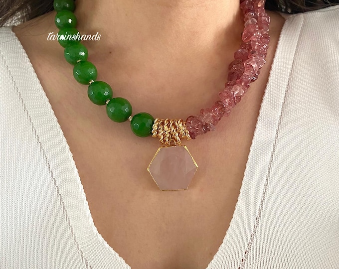 Rose Quartz and Green Agate Necklace,Chunky Half Half Semi Precious Stone Necklace,Colorful Summer Gemstone Necklace,Pink Quartz Necklace