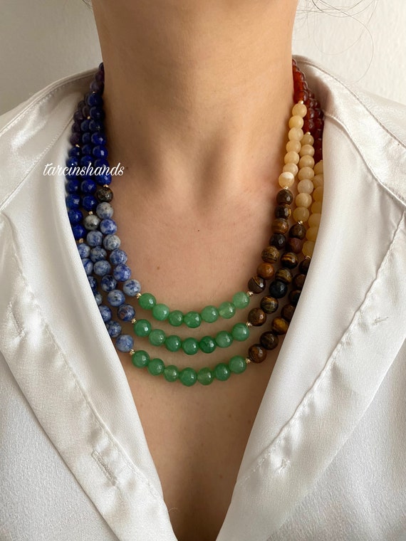 Multistrand 7 Chakra Necklace: Gold-Plated Crystal Healing Jewelry