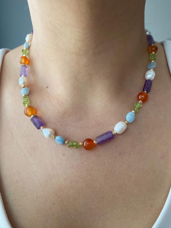 Mixed Gemstone Pearl Necklace: Gold-Plated Multicolor Beaded Necklace
