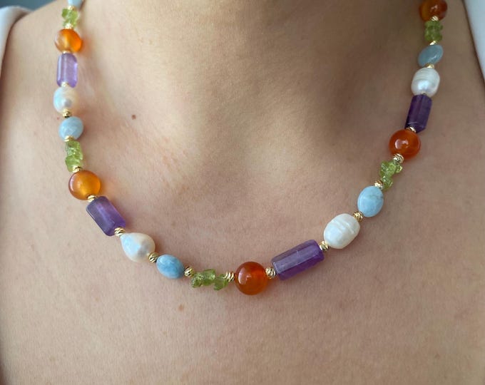 Mixed Gemstone Pearl Necklace: Gold-Plated Multicolor Beaded Necklace