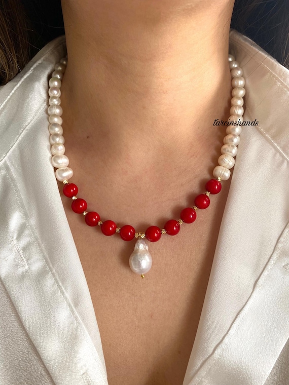 Red Coral Baroque Pearl Necklace: Gold-Plated Bohemian Jewelry