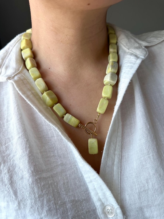 Chunky Serpentine Stone Necklace: Boho T-Bar Clasp, Gold-Plated