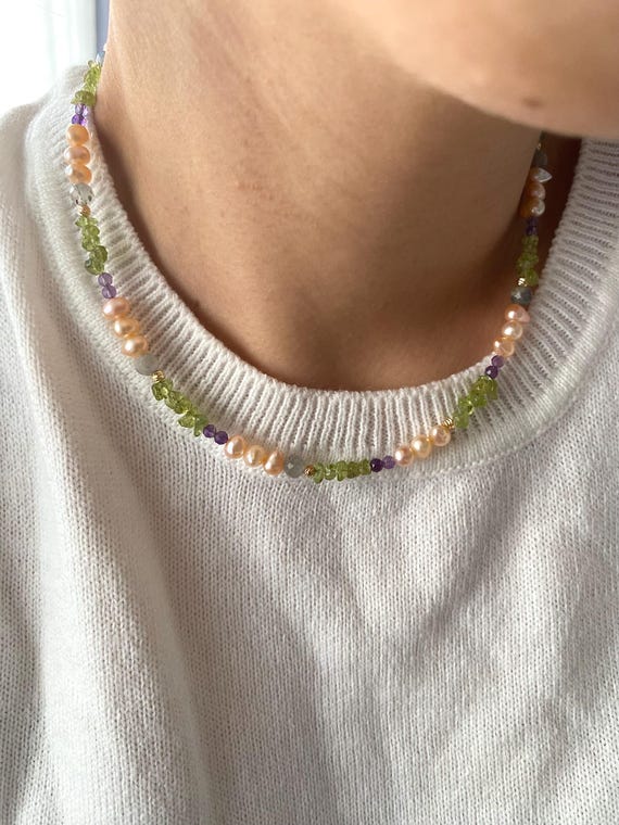 Salmon Pearl Amethyst Minimalist Necklace, Gold Plated Choker, Peridot Labradorite Dainty Everyday Jewelry Gift