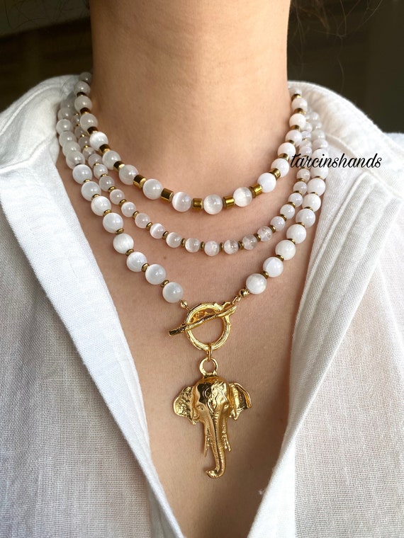 Multistrand Selenite Necklace: Gold Elephant Pendant, Layered Gemstone