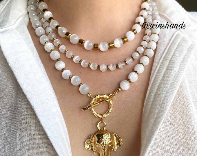 Multistrand Selenite Gold Toggle Necklace with Elephant Pendant , Layered White Gemstone Necklace , Multilayer Statement White Natural stone