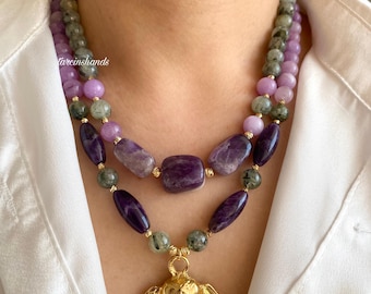 Multistrand Amethyst Lepidolite Prehnite Gold Filled Necklace with Elephant Pendant,Purple and  Green Gemstone Chunky Bead Necklace