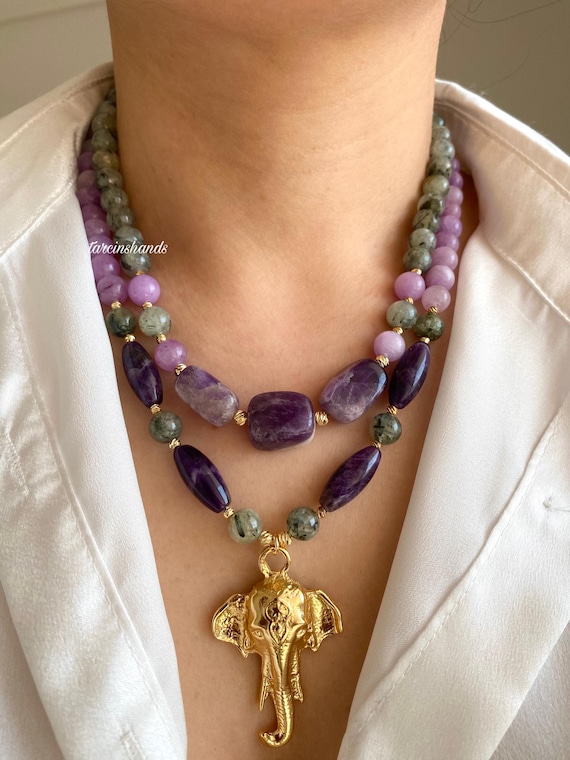 Amethyst Lepidolite Prehnite Necklace: Gold-Plated Elephant Pendant