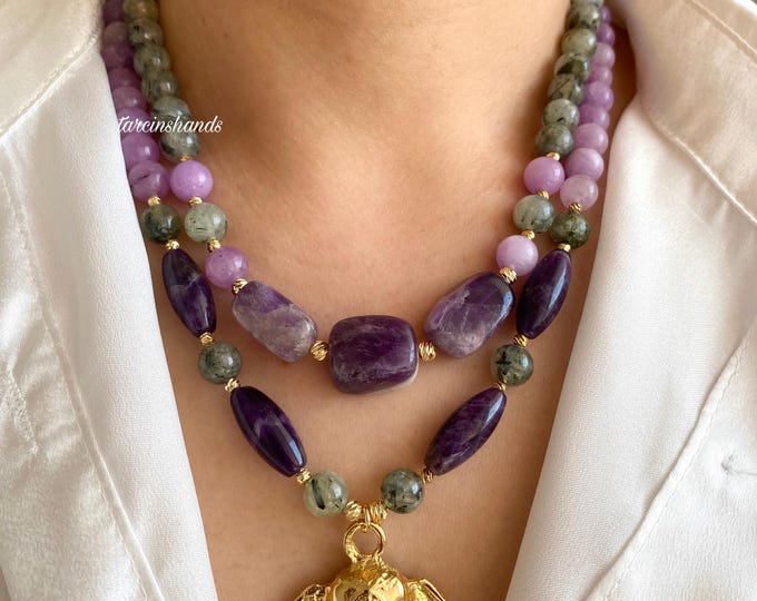 Multistrand Amethyst Lepidolite Prehnite Gold Filled Necklace with Elephant Pendant,Purple and  Green Gemstone Chunky Bead Necklace