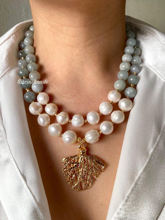 Aquamarine and Pearl Multistrand Necklace: Gold-Plated Coral Pendant