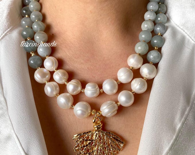 Multistrand Aquamarine and Baroque Pearl Gold Necklace, Chunky Blue Semi Precious Stone and Pearl Necklace, Birthday Gift Necklace